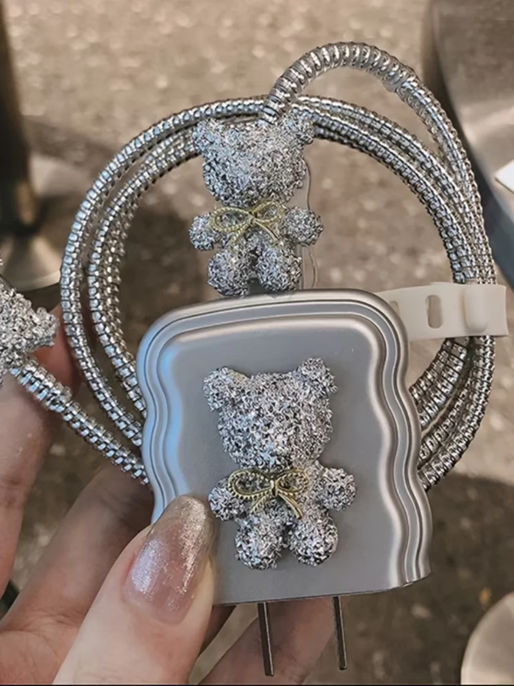 Silver Cartoon Bear Charger Protector